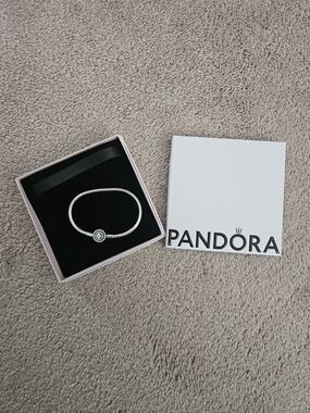 Pandora Silver Snake Chain Bracelet with Crystal Round Clasp - Silver